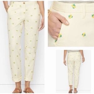 Talbots Relaxed Chino Pastel Yellow Ankle Pants Embroidered Lemon Pattern 6